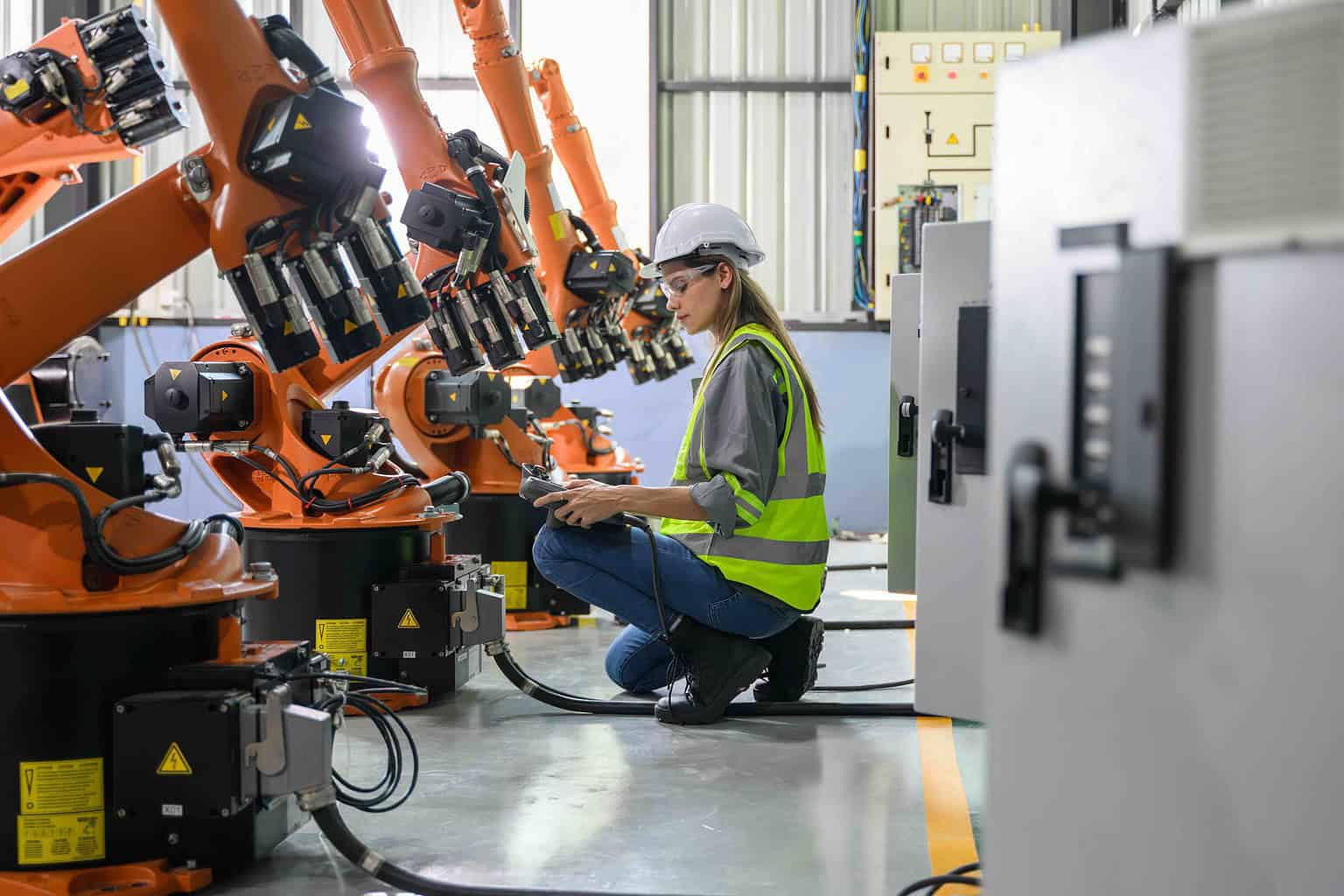 Maintenance engineer worker working with robotic machine automation at factory, Female technician with smart technology at industry, Female worker checking and controlling parts of robotic machine