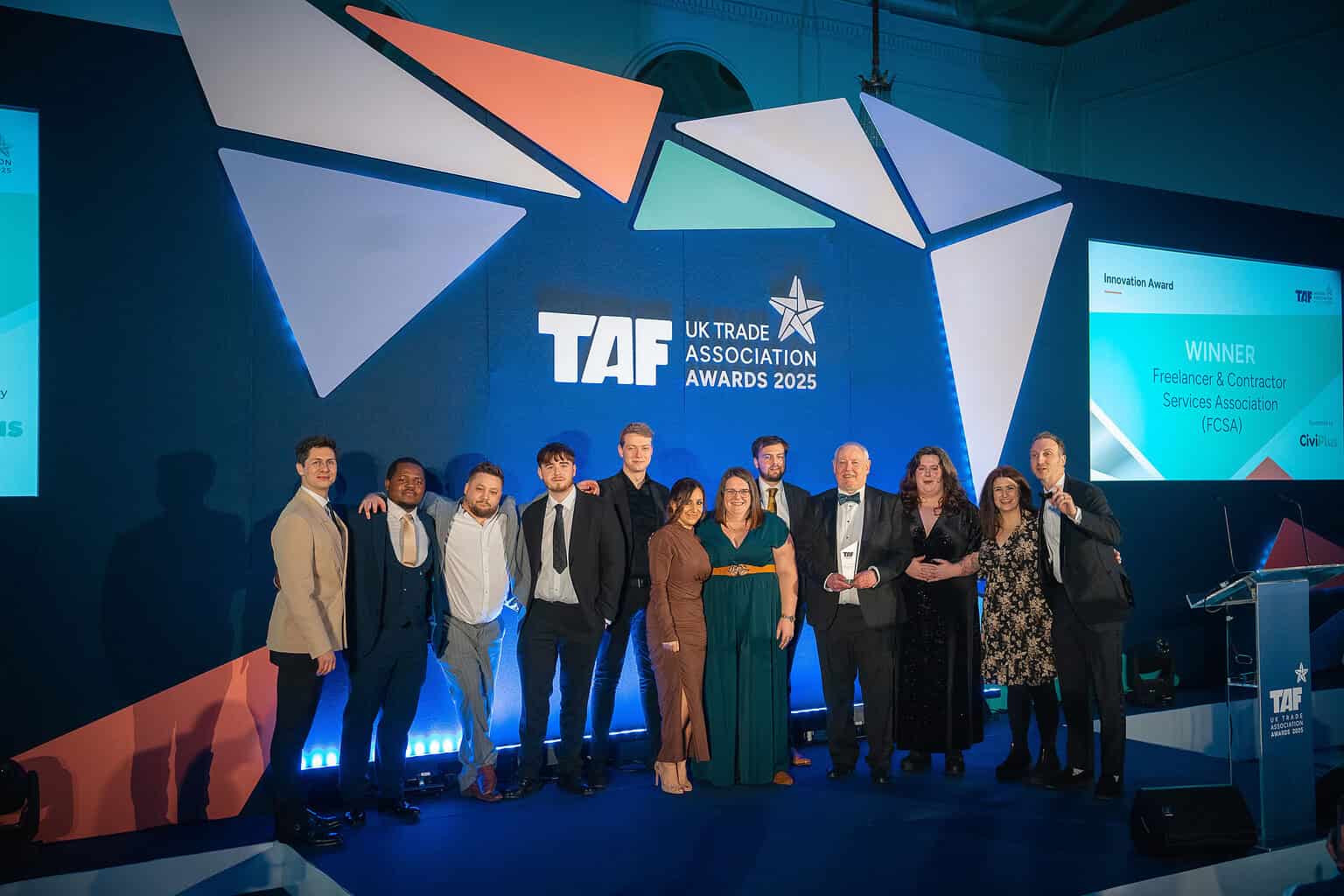 Image of Team FCSA up on stage at the TAF awards